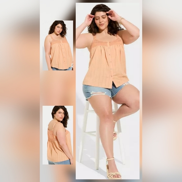 Torrid SZ 3 Peach Cotton Button Up Embroidered Crochet Tank Boxy Loose Fit - Picture 1 of 14